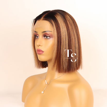 JADE Brown Hair with Blonde Highlights 13X4in HD Lace Bob Wig